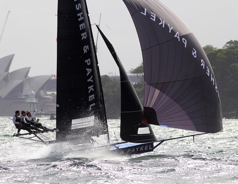 Fisher and Paykel during race 3 of the 100th 18ft Skiff Australian Championship photo copyright Frank Quealey taken at Australian 18 Footers League and featuring the 18ft Skiff class