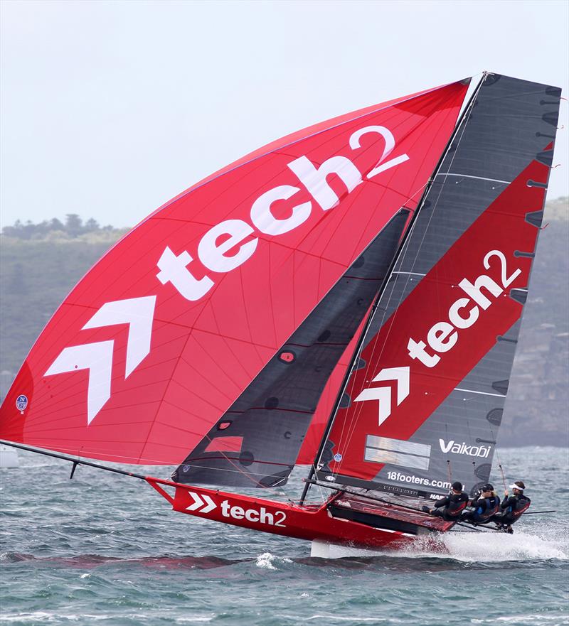 Defending champion Tech2 on day 2 of the 100th 18ft Skiff Australian Championship photo copyright Frank Quealey taken at Australian 18 Footers League and featuring the 18ft Skiff class