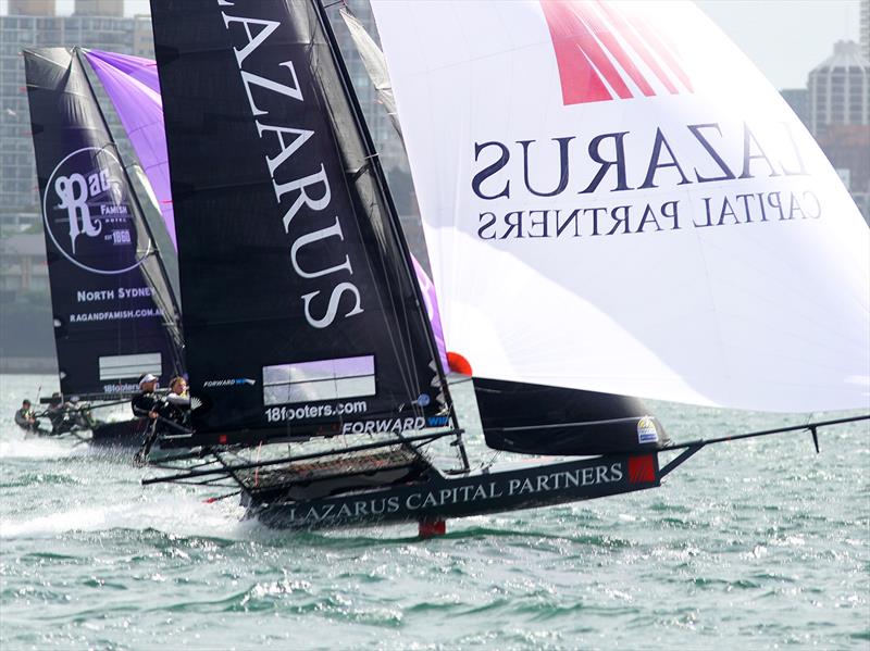 Lazarus Capital Partners and The Rag on the run back to the bottom mark on day 2 of the 100th 18ft Skiff Australian Championship - photo © Frank Quealey