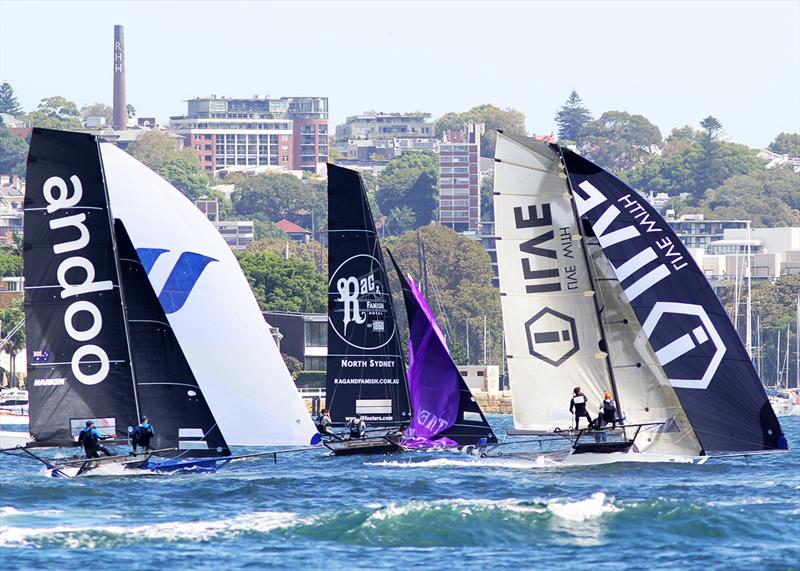 Approaching the bottom mark in Race 6 of the 100th 18ft Skiff Australian Championship - photo © Frank Quealey