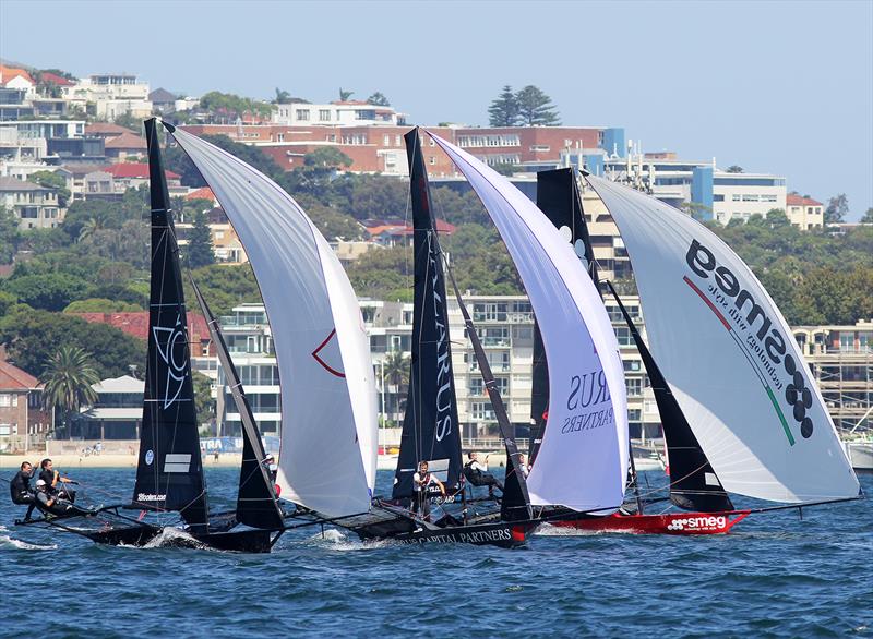 The race for third place off Shark Island during 18ft Skiff Club Championship Race 17 photo copyright Frank Quealey taken at Australian 18 Footers League and featuring the 18ft Skiff class