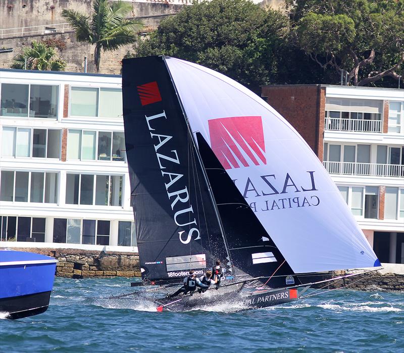 Lazarus Capital Partners under the watchful eye of the video team during 18ft Skiff Club Championship Race 17 photo copyright Frank Quealey taken at Australian 18 Footers League and featuring the 18ft Skiff class