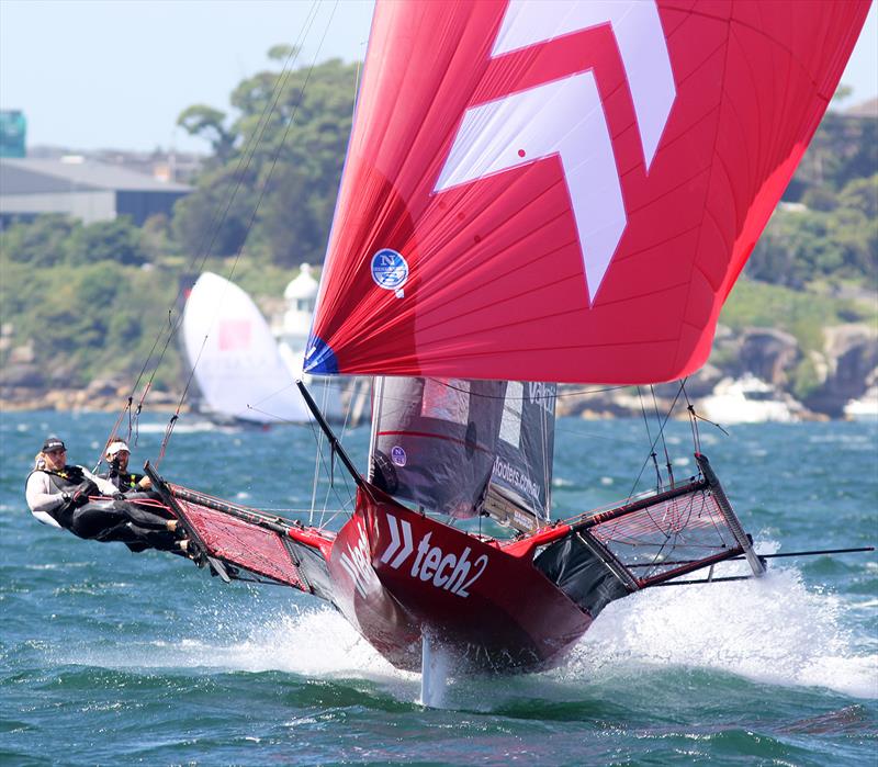 Tech2 'leads' downwind on the first lap of the course during 18ft Skiff Club Championship Race 17 - photo © Frank Quealey