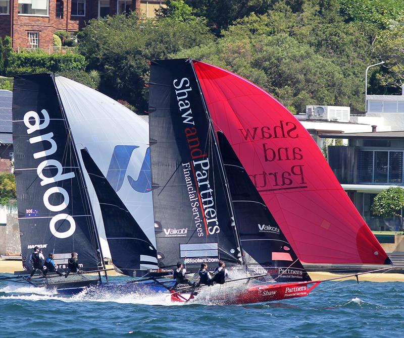 Shaw and Partners grabs the lead from Andoo on the first lap during 18ft Skiff Club Championship Race 17 - photo © Frank Quealey