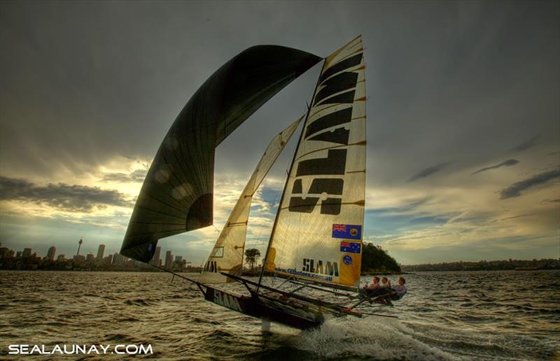Grant Rollerson's Slam on Sydney Harbour photo copyright Christophe Launay / www.sealaunay.com taken at Australian 18 Footers League and featuring the 18ft Skiff class
