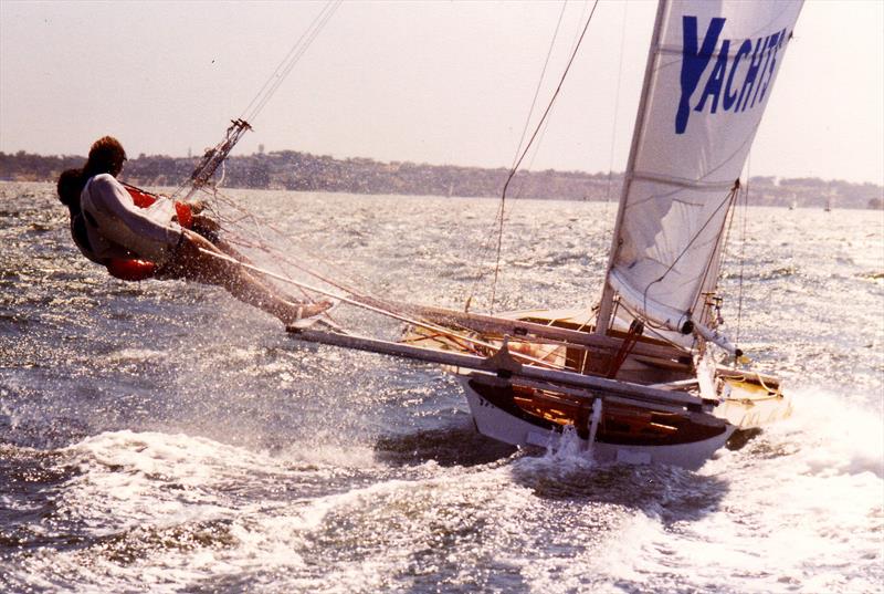 Richard Court, introduced the sliding frame to the 18s on his skiff, Court Yachts, in the 1979-80 Australian Championship - photo © Archive
