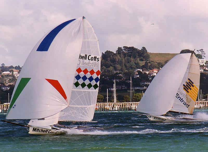 Entrad and Mitchell Cotts at the 1986 worlds in Auckland - JJ Giltinan Championship photo copyright Frank Quealey taken at Australian 18 Footers League and featuring the 18ft Skiff class