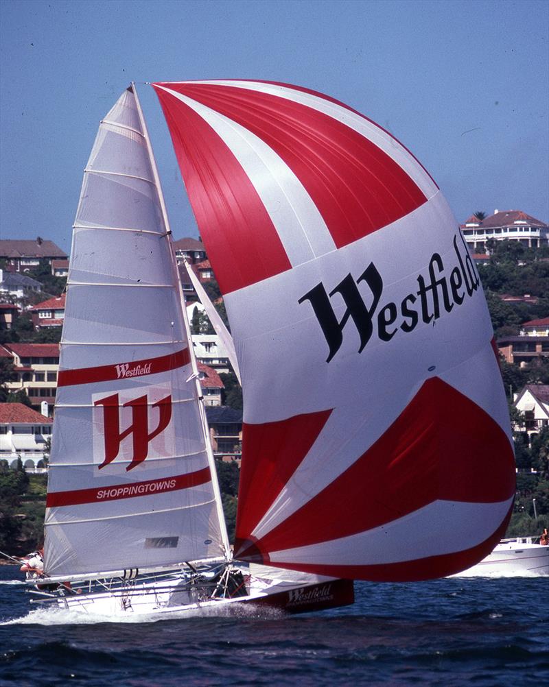 Westfield Shoppingtowns on a typical NE spinnaker run into Rose Bay - JJ Giltinan Championship photo copyright Frank Quealey taken at Australian 18 Footers League and featuring the 18ft Skiff class
