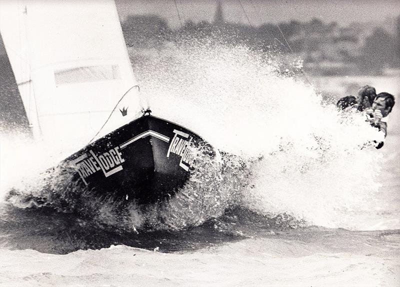 John Winning's Travelodge plows through the seas at the 1977 JJ Giltinan World 18ft Skiff Championship photo copyright Frank Quealey taken at Australian 18 Footers League and featuring the 18ft Skiff class