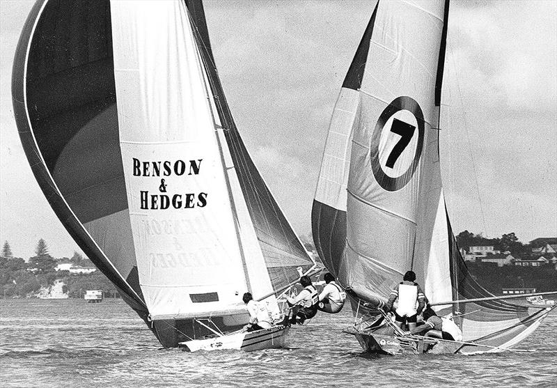 Timber vs foam as Color 7 and Benson and Hedges compete at the 1977 JJ Giltinan World 18ft Skiff Championship - photo © Frank Quealey