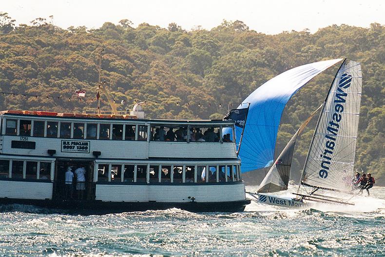 West Marine with the then new style square top main -  - JJ Giltinan World 18ft Skiffs Championship  photo copyright Frank Quealey taken at Australian 18 Footers League and featuring the 18ft Skiff class