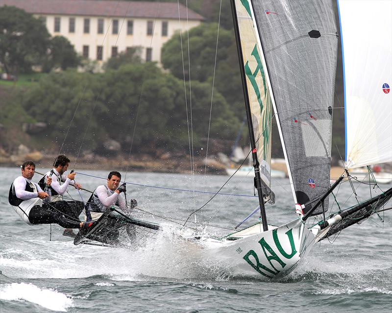 David in the bow of Rag and Famish Hotel in 2013 JJs photo copyright Frank Quealey taken at Australian 18 Footers League and featuring the 18ft Skiff class