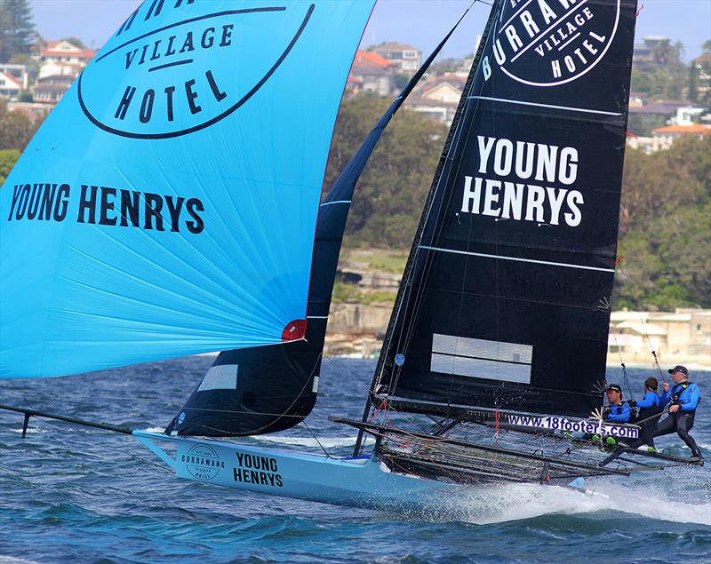 League Commodore Simon Nearn drives Burrawang-Young Henrys on Sydney Harbour - Mark Foy Trophy photo copyright Frank Quealey taken at Australian 18 Footers League and featuring the 18ft Skiff class
