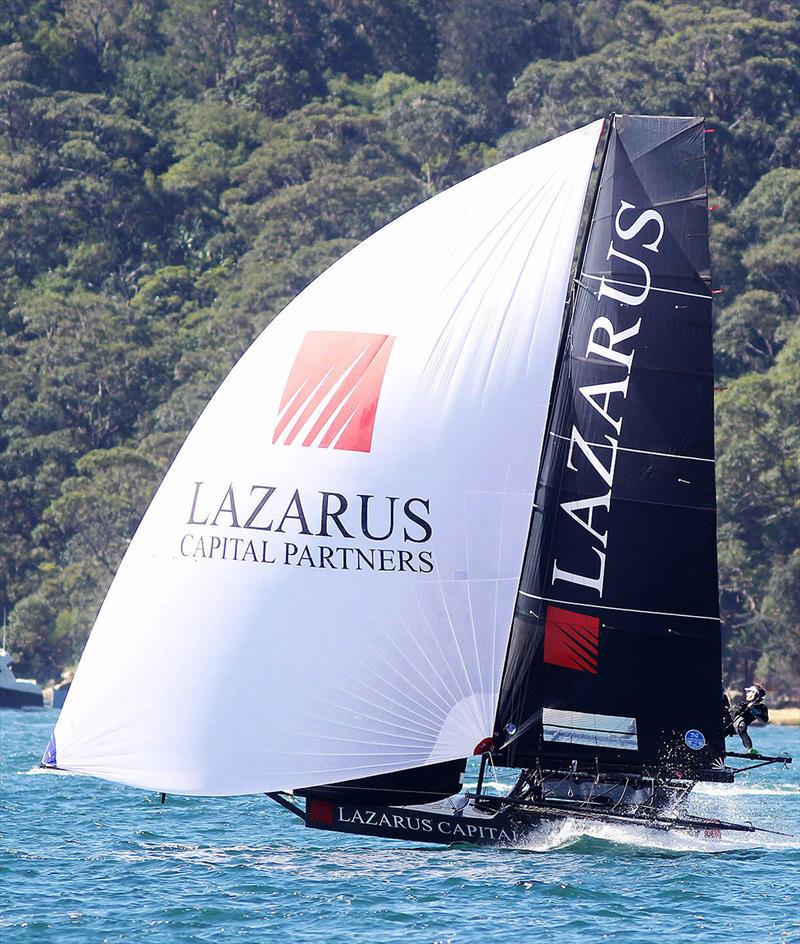 Lazarus Capital Partners on an easterly spinnaker run - Mark Foy Trophy photo copyright Frank Quealey taken at Australian 18 Footers League and featuring the 18ft Skiff class