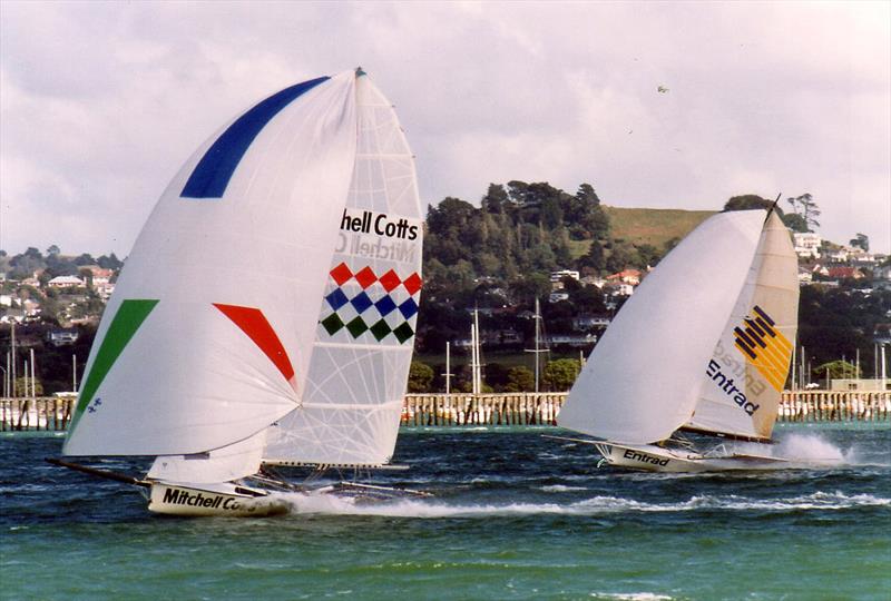 'Woody's Mitchell Cotts leads Entrad at the 1986 World Championship in New Zealand photo copyright Frank Quealey taken at Australian 18 Footers League and featuring the 18ft Skiff class