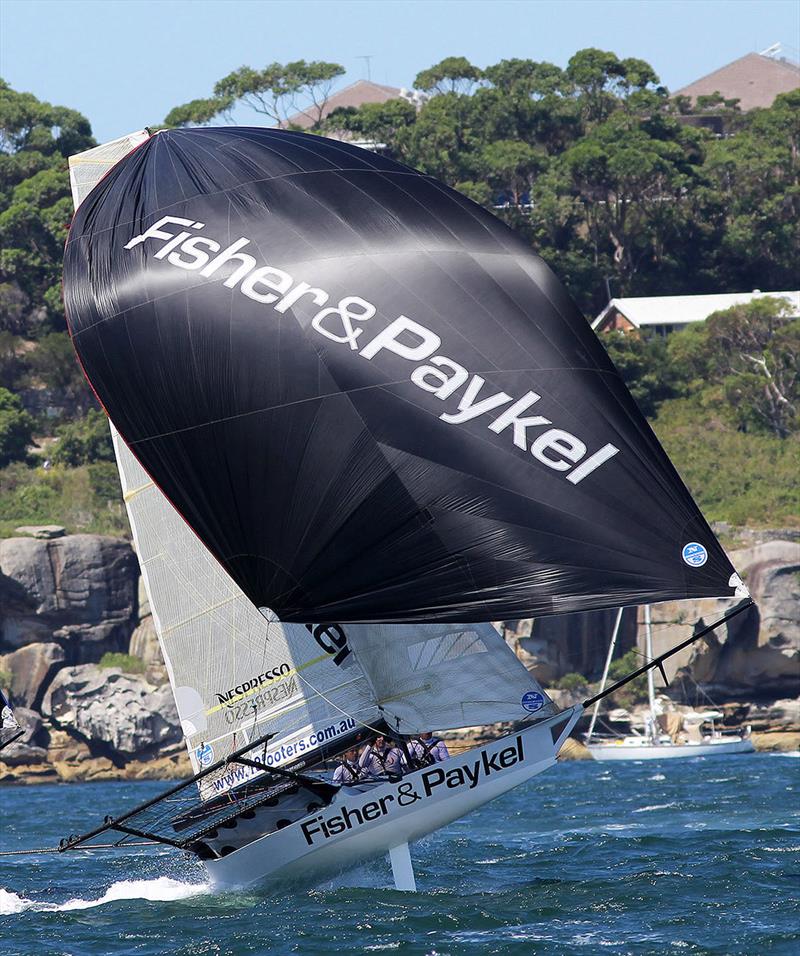 2013-14 season skiff on a North east spinnaker run past Steel Point - Fisher & Paykel photo copyright Frank Quealey taken at Australian 18 Footers League and featuring the 18ft Skiff class