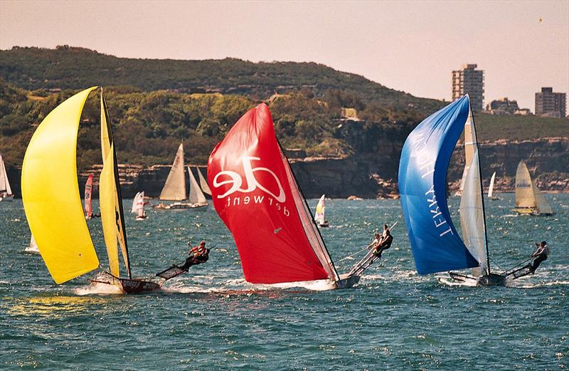 Omega Smeg, Derwent Racing and Terry Hogan Prestige Cars on a NE spinnaker run - JJ Giltinan World Championship photo copyright Frank Quealey taken at Australian 18 Footers League and featuring the 18ft Skiff class
