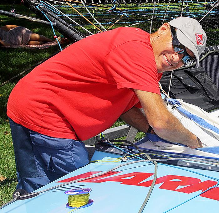 Howie Hamlin preparing to go racing at the JJ Giltinan World Championship photo copyright Frank Quealey taken at Australian 18 Footers League and featuring the 18ft Skiff class