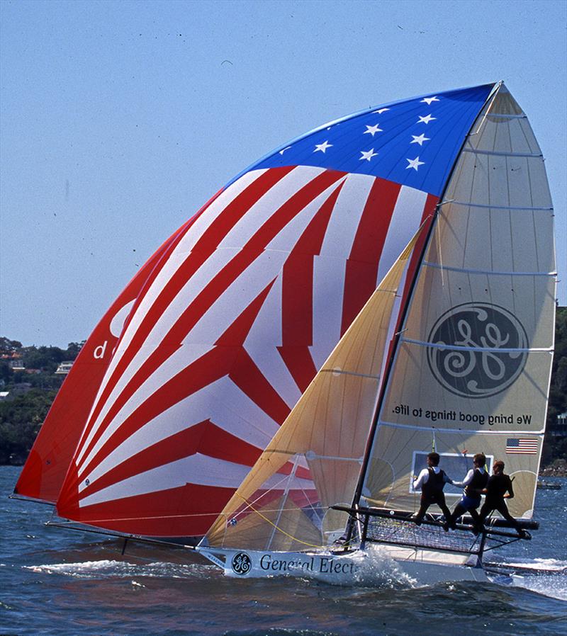GE-US Challenge and Derwent Racing (mainly obscured) in a close spinnaker battle during the 2002 regatta - JJ Giltinan World Championship - photo © Bob Ross
