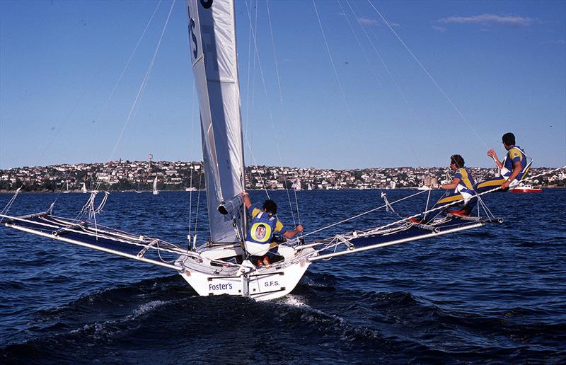 Fosters shows the wing width extremes of the 80s photo copyright Bob Ross taken at Australian 18 Footers League and featuring the 18ft Skiff class