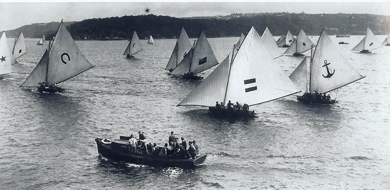 The two horizontal bars of H.C.Press are prominent at the start of the 1921-22 NSW Championship photo copyright Frank Quealey taken at  and featuring the 18ft Skiff class