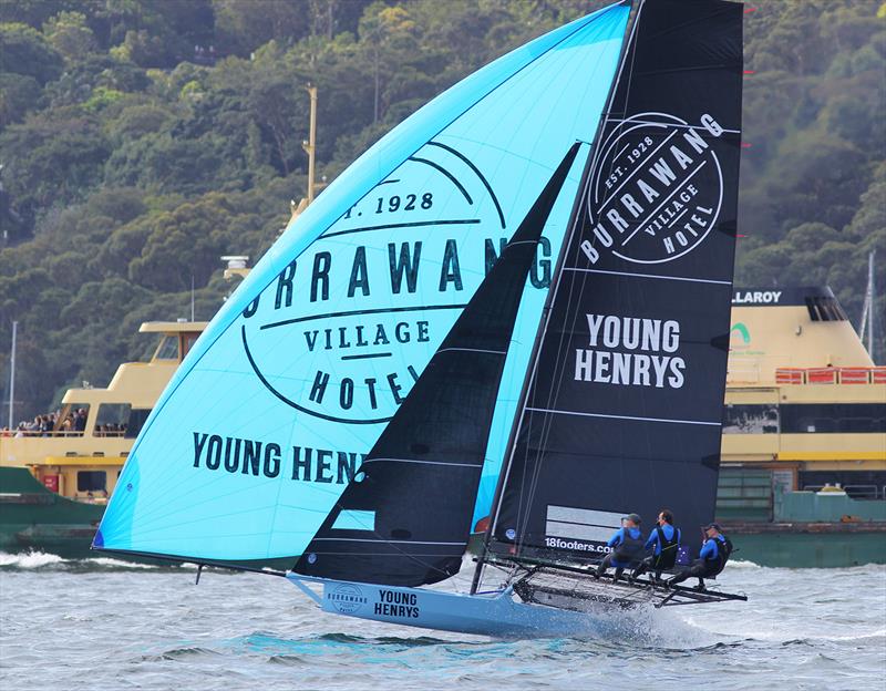 Burrawang-Young Henrys led the fleet early in the race - 18ft Skiff Spring Championship race 1 - photo © Frank Quealey