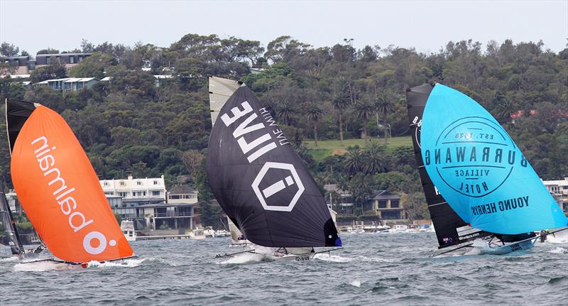 Spinnakers from the top mark during 18ft Skiff Spring Championship Race 3 - Mick Scully Memorial Trophy photo copyright Frank Quealey taken at Australian 18 Footers League and featuring the 18ft Skiff class