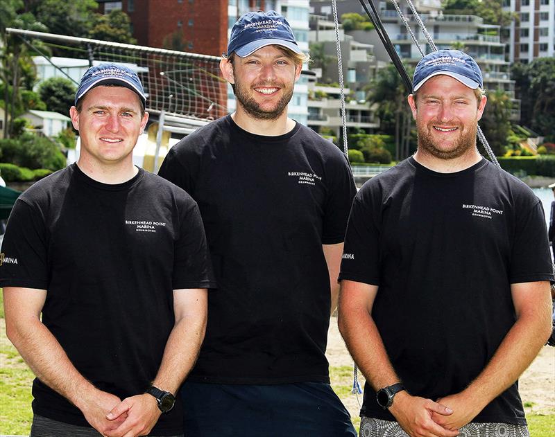 The Birkenhead Point Marina crew of (l-r) Kirk Mitchell, Andrew Stephenson, Daniel Barnett - Spring Championship photo copyright Frank Quealey taken at Australian 18 Footers League and featuring the 18ft Skiff class