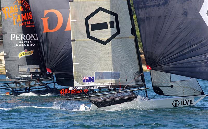 Ilve and Rag and Famish Hotel battle for the lead - 18ft Skiff Spring Championship photo copyright Frank Quealey taken at Australian 18 Footers League and featuring the 18ft Skiff class