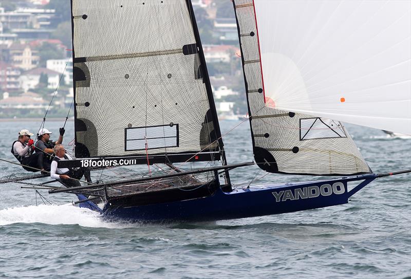 Crew of series leader Yandoo show their winning style in the 18ft Skiff Spring Championship photo copyright Frank Quealey taken at Australian 18 Footers League and featuring the 18ft Skiff class