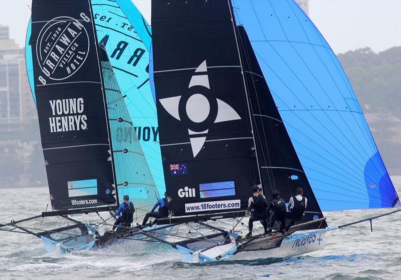 Burraewang-Young Henrys and Noakes Blue during Race 6 of the 18ft Skiff Spring Championship photo copyright Frank Quealey taken at Australian 18 Footers League and featuring the 18ft Skiff class