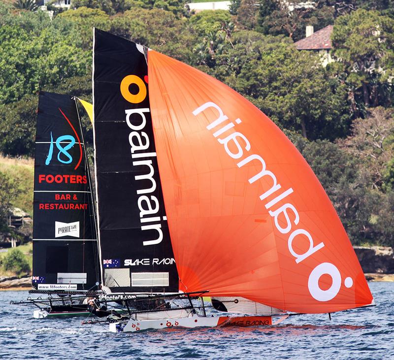 Fleet spinnaker action on the run in to Rose Bay - 2022-23 NSW Championship photo copyright Frank Quealey taken at Australian 18 Footers League and featuring the 18ft Skiff class