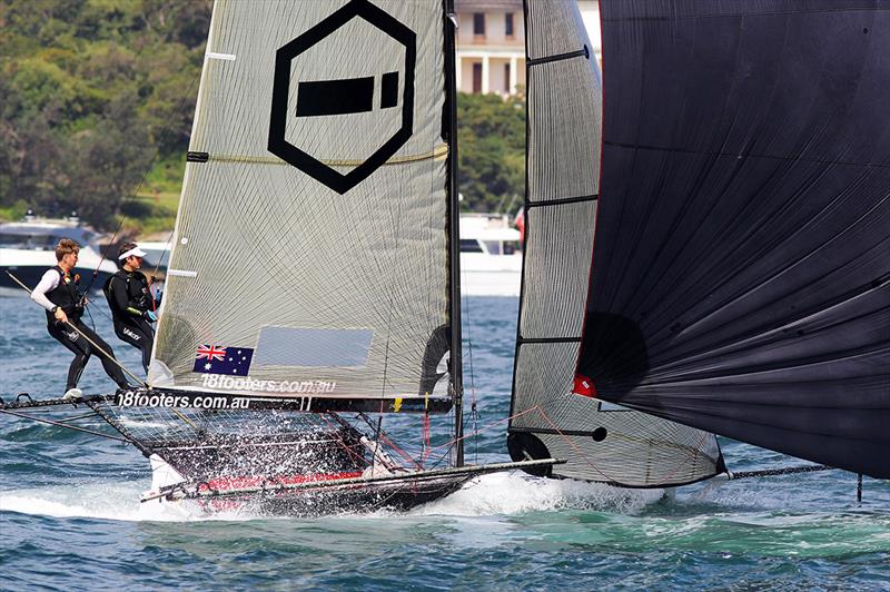 Cam Gundy steers ILVE towards the wing mark in Rose Bay last Sunday - 2022-23 NSW Championship photo copyright Frank Quealey taken at Australian 18 Footers League and featuring the 18ft Skiff class