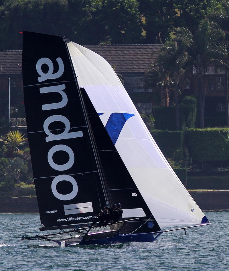 Andoo on a spinnaker run to the bottom mark on the first lap of the course - 2022-23 NSW Championship photo copyright Frank Quealey taken at Australian 18 Footers League and featuring the 18ft Skiff class