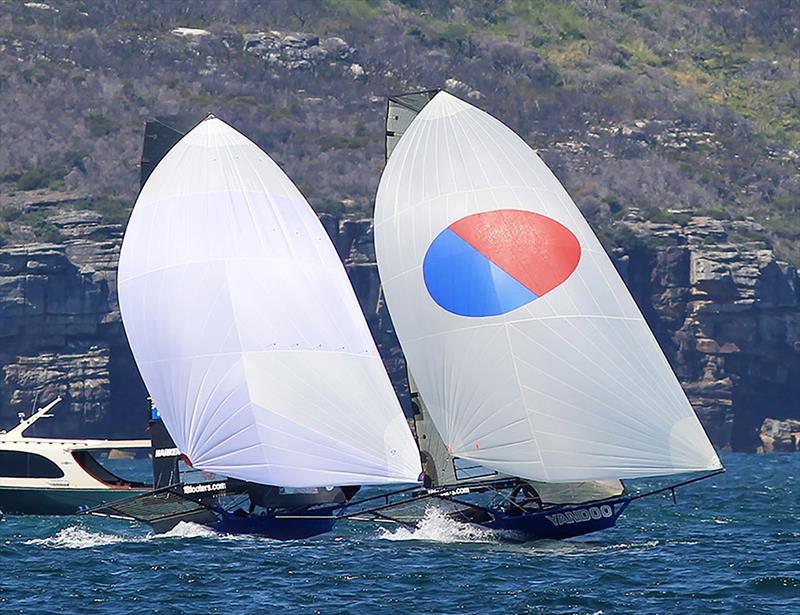 Yandoo leads Andoo on the run from the top mark on lap one - NSW 18ft skiff Championship photo copyright Frank Quealey taken at Australian 18 Footers League and featuring the 18ft Skiff class