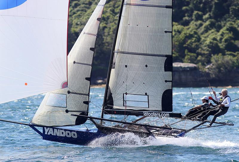 The Yandoo crew in action on the second spinnaker run - NSW 18ft skiff Championship photo copyright Frank Quealey taken at Australian 18 Footers League and featuring the 18ft Skiff class