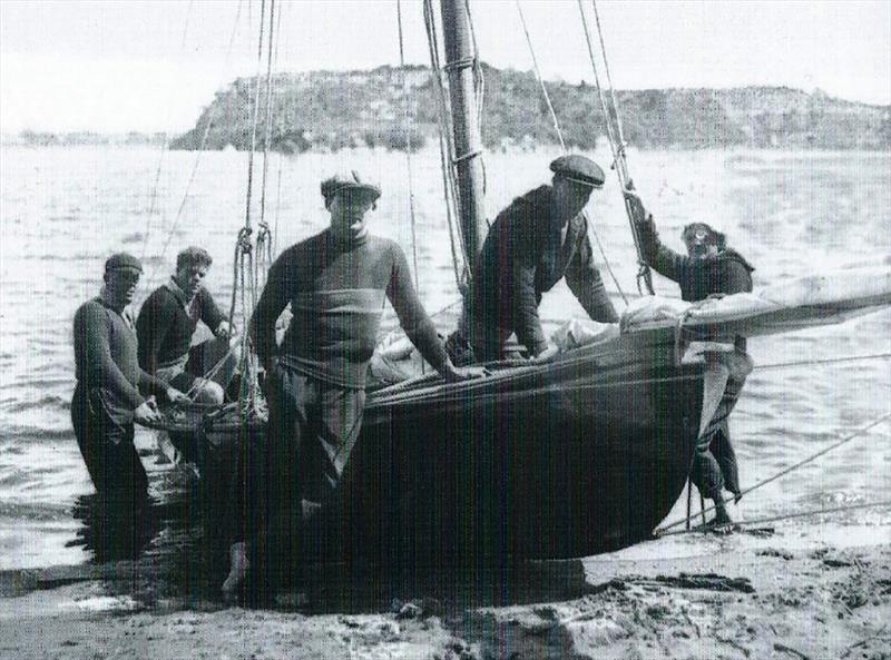 Sid Barnett Jnr (second from left) skippered Argo in 1932-33, Bill Barnett's father Prince is in the cap in front of the mast photo copyright Archive taken at Australian 18 Footers League and featuring the 18ft Skiff class