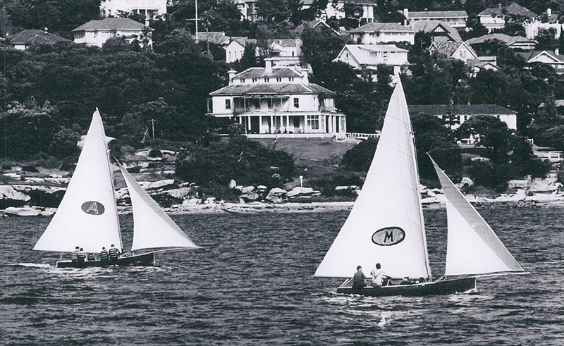 Myra Too (Bill Barnett) and Ajax (Don Barnett) work into Rose Bay in the 1950s photo copyright Archive taken at Australian 18 Footers League and featuring the 18ft Skiff class