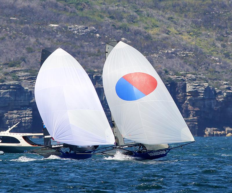 Yandoo and Andoo battle it out in Race 2 of the NSW 18ft Skiff Championship photo copyright Frank Quealey taken at Australian 18 Footers League and featuring the 18ft Skiff class