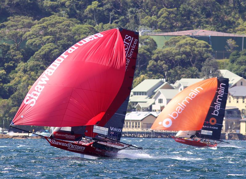 Shaw and Partners and Balmain Slake had a great battle throughout the entire race during 2022-23 NSW 18ft Skiff Championship Race 4 photo copyright Frank Quealey taken at Australian 18 Footers League and featuring the 18ft Skiff class