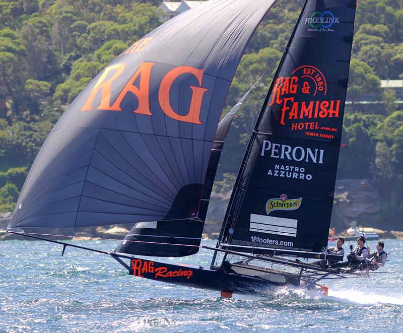 Rag and Famish Hotel before capsizing on the run to the wing mark during 2022-23 NSW 18ft Skiff Championship Race 4 - photo © Frank Quealey