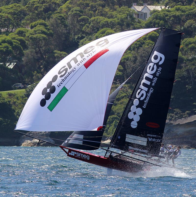 Smeg at speed on the second spinnaker run in Race 4 photo copyright Frank Quealey taken at Australian 18 Footers League and featuring the 18ft Skiff class