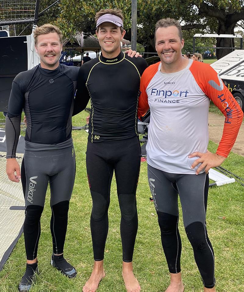 2022-23 Australian champion Finport Finance team, from left, Phil Marshall, Angus Williams, Keagan York - 18ft Skiff Australian Championship photo copyright Lara Quigley taken at Australian 18 Footers League and featuring the 18ft Skiff class