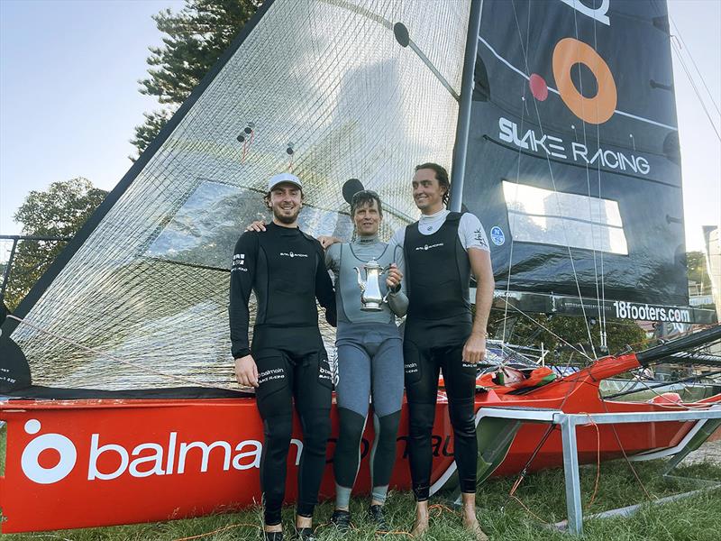 Supercup winners, from left are Miles Davey, Hugh Stodart, Flynn Twomey photo copyright Jess Crisp taken at Australian 18 Footers League and featuring the 18ft Skiff class