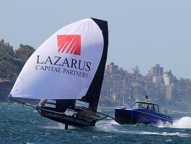 Lazarus with the video team in hot pursuit - JJ Giltinan 18ft Skiff Championship photo copyright Frank Quealey taken at Australian 18 Footers League and featuring the 18ft Skiff class