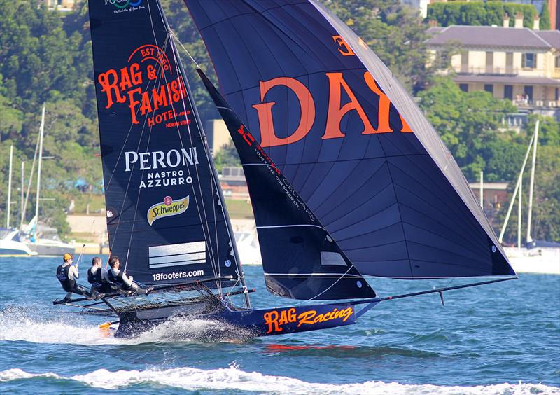 Great victory for Rag and Famish Hotel in 18ft Skiff Club Championship Race 15 photo copyright Frank Quealey taken at Australian 18 Footers League and featuring the 18ft Skiff class