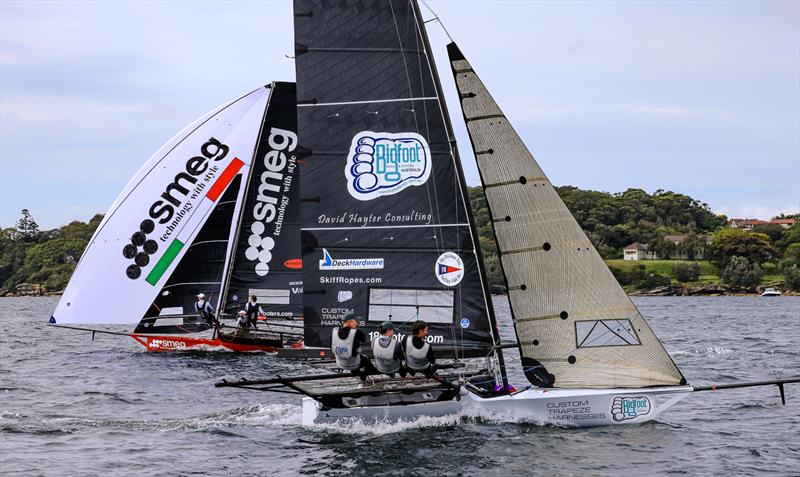 Smeg and Big Foot Bags and Covers shortly after rounding the weather mark during the 18ft Skiff 73rd JJ Giltinan Championship Invitation Race photo copyright Frank Quealey taken at Australian 18 Footers League and featuring the 18ft Skiff class
