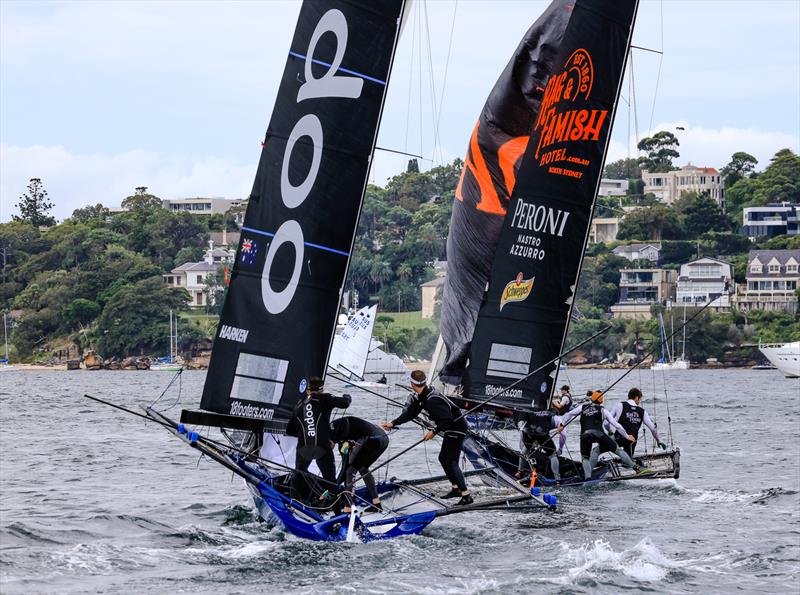 The Rag leads Andoo narrowly at the first mark during the 18ft Skiff 73rd JJ Giltinan Championship Invitation Race - photo © Frank Quealey