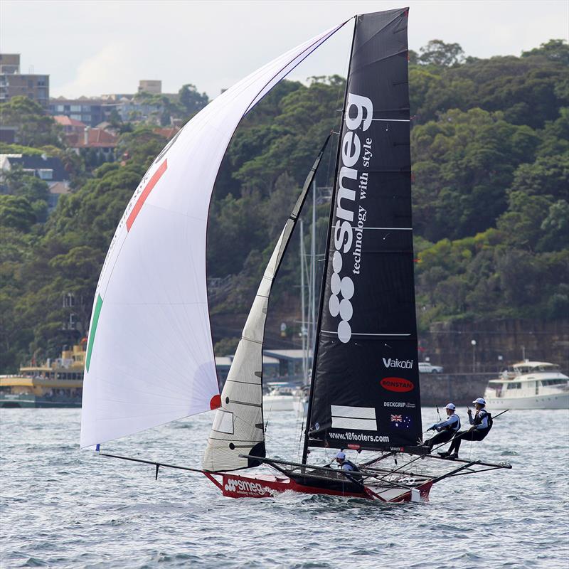 Smeg held second place for most of the race on 18ft Skiff 73rd JJ Giltinan Championship Day 1 photo copyright Frank Quealey taken at Australian 18 Footers League and featuring the 18ft Skiff class
