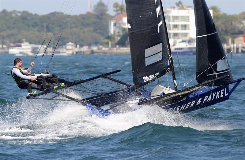 Fisher and Paykel on the run down the middle of the course in race 8 on 18ft Skiff 73rd JJ Giltinan Championship Day 6 photo copyright Frank Quealey taken at Australian 18 Footers League and featuring the 18ft Skiff class